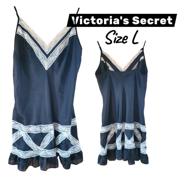 Victoria’s Secret Black Satin Lace Nightgown Slip Size L Sheer Adjustable Straps - Picture 14 of 14